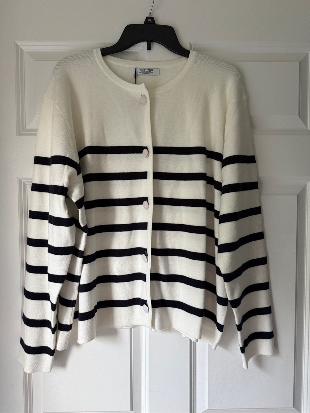 Classic Striped Crewneck Cardigan Sweater - White with Dark Blue Stripes